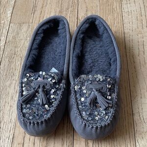 BearPaw Gray Sequin Tassel Moccasin Slippers